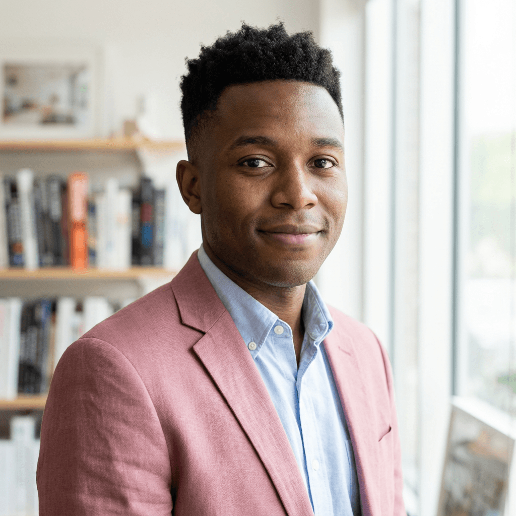 Male operations director in his 30s, Black, approachable professional style