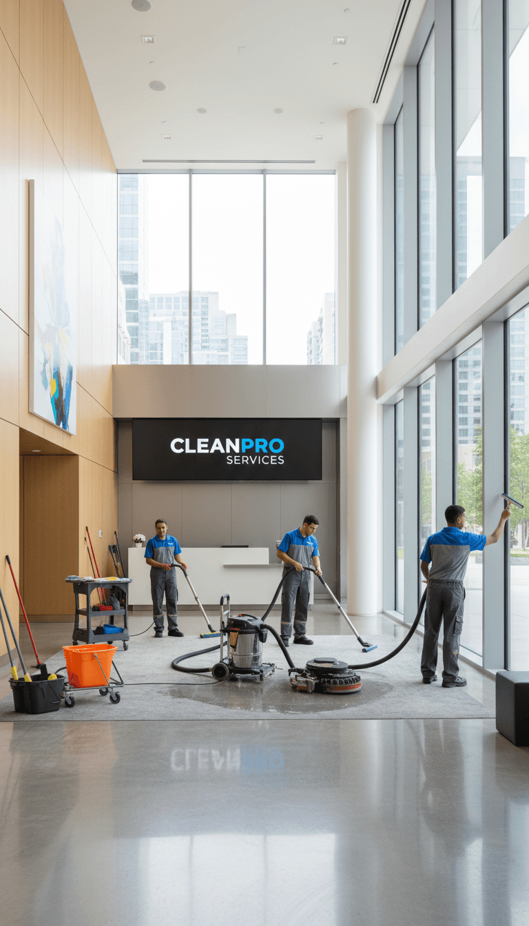 Commercial cleaning equipment in a bright building lobby
