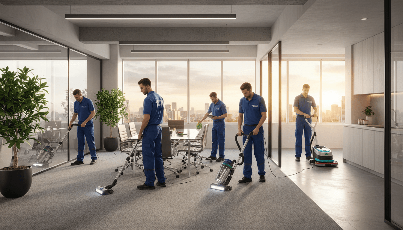 Professional cleaner in a bright commercial office