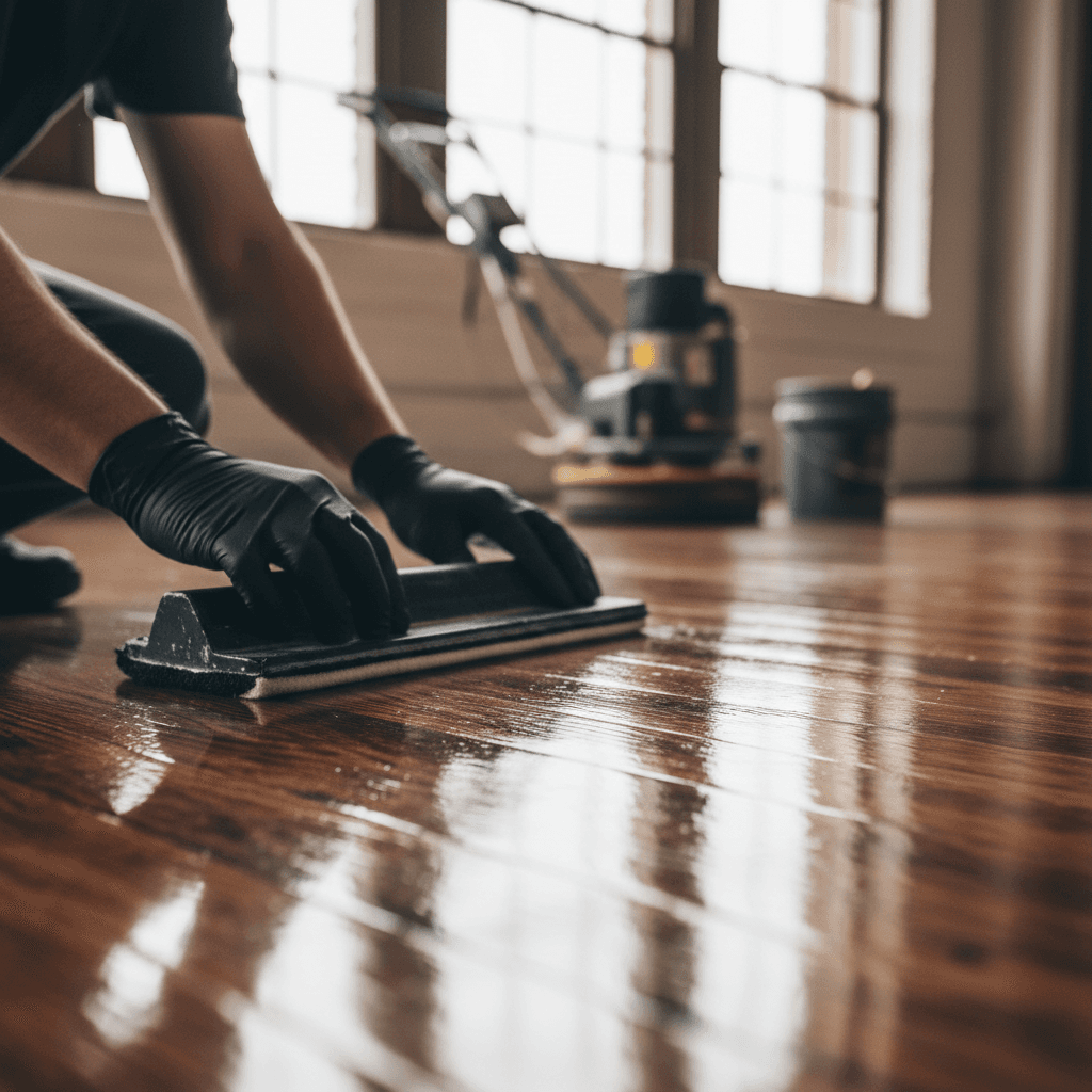 Worker polishing a shiny vinyl floor in a commercial building