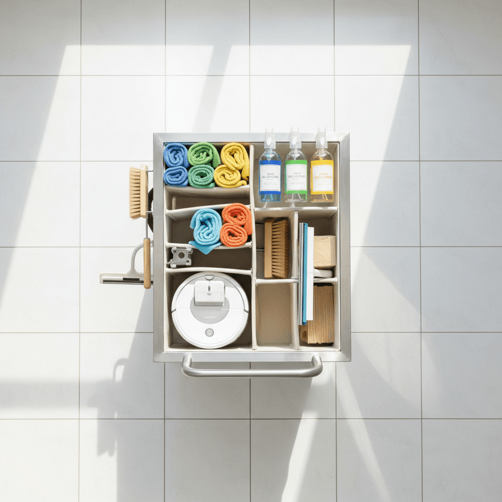 Janitorial supply cart stocked with cleaning products and tools