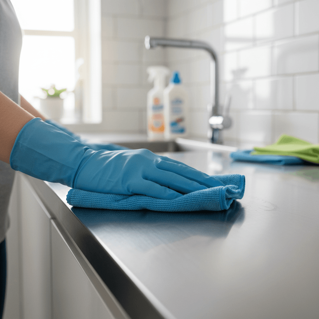 Janitor wiping down a counter in a bright commercial kitchen