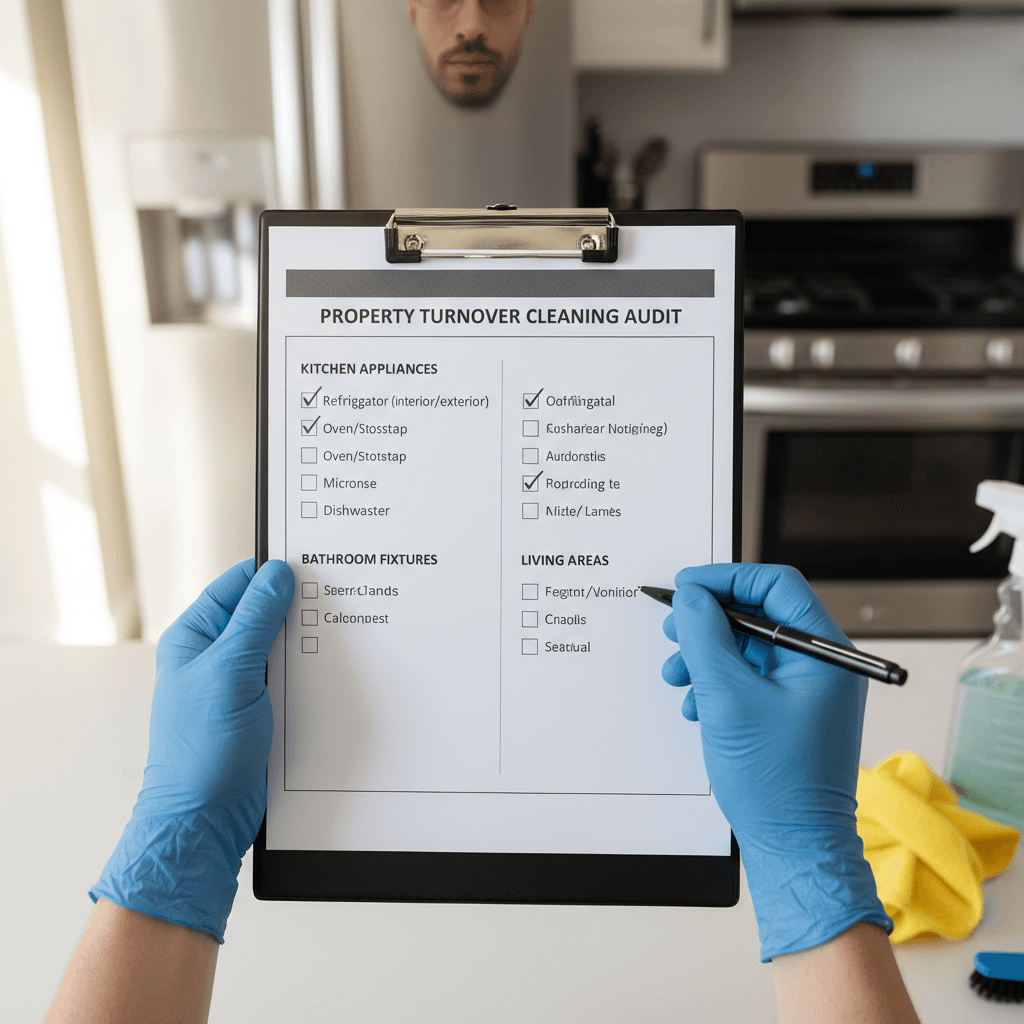 Cleaning professional inspecting an empty apartment with a clipboard