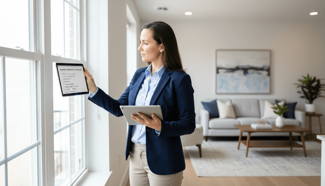 Property manager walking through a clean apartment with a janitor