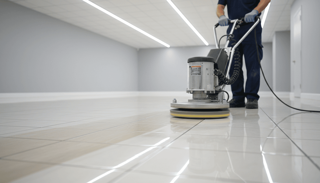 Floor machine polishing commercial office floor