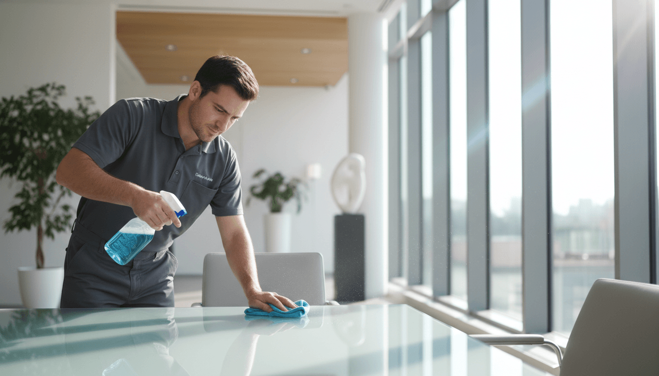 Professional cleaner wiping an office desk in a bright commercial building