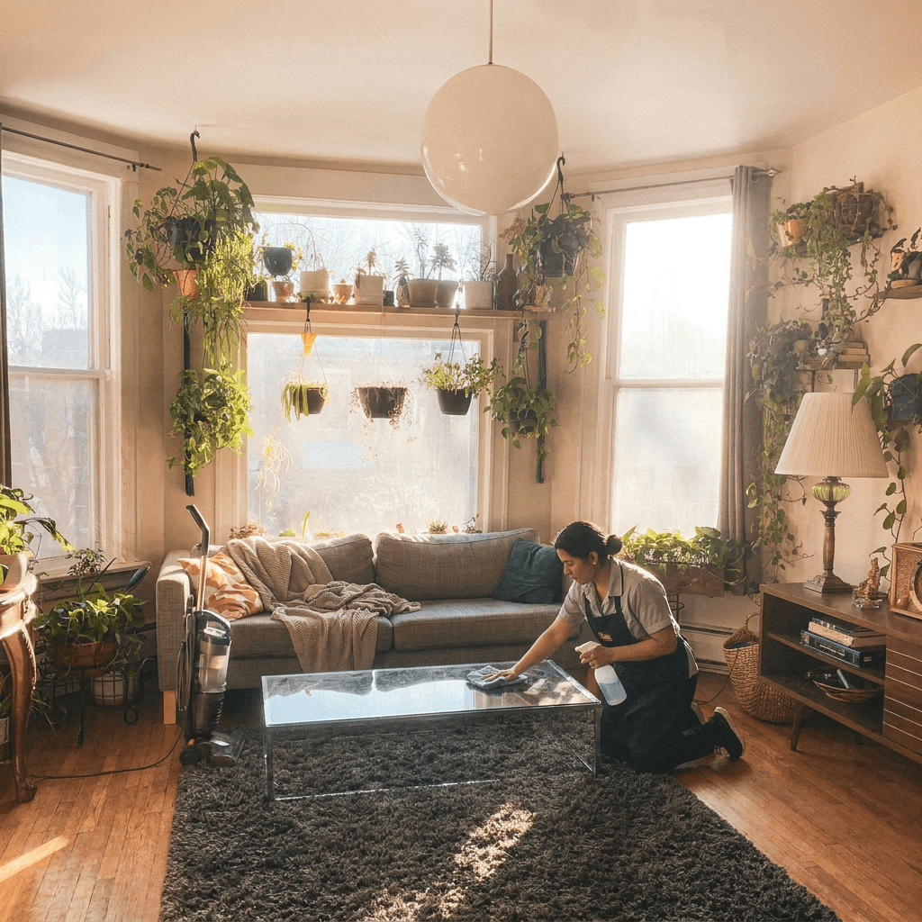 Cleaning professional inspecting a spotless living room with a checklist